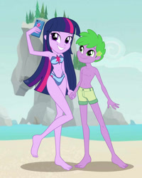 Size: 1280x1600 | Tagged: safe, artist:jack-pie, spike, twilight sparkle, human, equestria girls, g4, ankles, armpits, barefoot, beach, belly button, bikini, bikini bottom, bikini top, brother and sister, cellphone, clothes, cloud, cute, duo, feet, female, holding hands, human spike, humanized, legs, looking up, male, midriff, ocean, outdoors, phone, selfie, ship:twispike, shipping, siblings, sky, smartphone, smiling, sparkle siblings, straight, swimming trunks, swimsuit, thighs, water