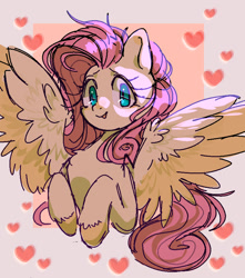 Size: 750x850 | Tagged: safe, artist:cool-alligator, fluttershy, pegasus, pony, g4, abstract background, bust, female, heart, looking at you, mare, passepartout, portrait, smiling, solo