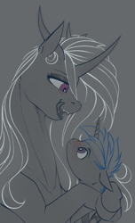 Size: 585x961 | Tagged: safe, artist:stray prey, oc, oc only, oc:lucent, oc:sinfonie, pony, unicorn, blushing, curved horn, female, gray background, horn, horns, imminent vore, kitchen eyes, larger female, licking, licking lips, long mane, longmoran, male, neckerchief, simple background, size difference, smaller male, sternocleidomastoid, tongue out, unicorn oc