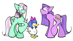 Size: 500x284 | Tagged: safe, artist:spoosh, kimono, minty, oc, oc:spackles the duck, bird, duck, earth pony, pony, g3, comb, confused, female, kimono's townhouse, mare, mouth hold, raised hoof, simple background, stylized, trio, white background