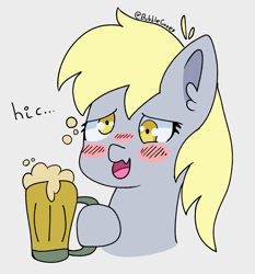 Size: 1486x1595 | Tagged: safe, artist:bubblegooey, derpy hooves, g4, alcohol, beer, blush lines, blush sticker, blushing, bubble, bust, cider, cute, derp, derpabetes, drunk, ear fluff, female, hiccup, holding, mare, portrait, solo, text