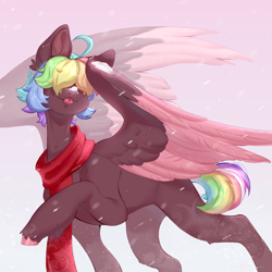 Size: 1280x1280 | Tagged: safe, artist:nnniru, oc, oc only, oc:walter evans, pegasus, pony, clothes, colored wings, hair over eyes, male, multicolored hair, rainbow hair, scarf, snow, snowfall, solo, stallion, tongue out, two toned wings, wings