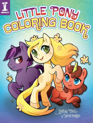 Size: 759x1000 | Tagged: safe, artist:jared hodges, artist:lindsay cibos, oc, oc only, earth pony, pony, unicorn, adult blank flank, blank flank, book cover, closed mouth, colored hooves, colored horn, cover, female, flower, flower in hair, gradient background, horn, little pony coloring book, lying down, male, mare, open mouth, open smile, prone, raised hoof, rearing, smiling, stallion, text, trio, two toned mane