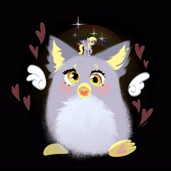 Size: 3000x3000 | Tagged: safe, artist:rrd-artist, derpy hooves, pegasus, pony, g4, black background, blush scribble, blushing, female, floating heart, furby, heart, mare, open mouth, simple background