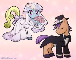 Size: 1200x948 | Tagged: safe, artist:jared hodges, artist:lindsay cibos, oc, oc only, unnamed oc, earth pony, pony, abstract background, bouquet of flowers, bow, bowtie, bride, clothes, colored hooves, dress, duo, duo male and female, eyes closed, female, flower, flower in hair, groom, hat, hoof hold, little pony drawing book, little pony fashion coloring book, male, mare, marriage, not shoeshine, smiling, stallion, stallion oc, tail, tail bow, top hat, tuxedo, wedding, wedding dress, wedding suit, wedding veil