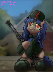 Size: 1853x2517 | Tagged: safe, artist:zlatdesign, derpibooru exclusive, oc, oc:dreamcast, kirin, clothes, foxhole(game), gun, helmet, kirin oc, machine gun, military, military uniform, sitting, uniform, weapon