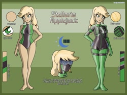 Size: 2500x1875 | Tagged: safe, artist:devillustart, oc, oc:applejack(prisoners of the moon), human, equestria girls, g4, clothes, fireheart76's latex suit design, gloves, humanized, humanized oc, latex, latex boots, latex gloves, latex leotard, latex suit, prisoners of the moon, reference sheet, rubber, rubber gloves, rubber suit