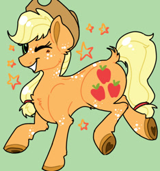 Size: 1033x1103 | Tagged: safe, artist:neongin, applejack, earth pony, pony, g4, adorable face, blushing, chest fluff, colored hooves, cute, female, freckles, green background, hoof heart, hooves, mare, one eye closed, silly, silly pony, simple background, smiling, solo, stars, underhoof, wink