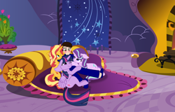 Size: 13608x8710 | Tagged: safe, starlight glimmer, sunset shimmer, twilight sparkle, oc, oc:brandon, alicorn, human, pony, unicorn, g4, blushing, cuddling, female, looking at each other, looking at someone, magical trio, male, mare, smiling, twilight sparkle (alicorn)