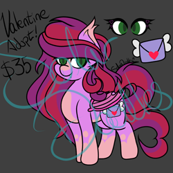 Size: 3000x3000 | Tagged: safe, artist:solardoodles, oc, bat pony, pony, adoptable, cutie mark, fangs, holiday, smiling, solo, valentine, valentine's day, wide eyes