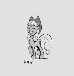 Size: 1987x2048 | Tagged: safe, artist:brdte, applejack, earth pony, pony, g4, faic, female, gray background, grayscale, lidded eyes, looking at you, mare, monochrome, signature, simple background, smiling, smiling at you, solo, standing on two hooves