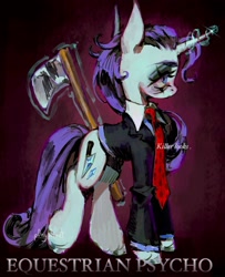 Size: 1660x2048 | Tagged: safe, artist:p0nyplanet, rarity, pony, unicorn, g4, alternate cutie mark, american psycho, axe, clothes, colored hooves, female, glowing, glowing horn, gradient background, hooves, horn, jacket, magic, mare, necktie, parody, profile, shiny hooves, signature, solo, telekinesis, text, weapon