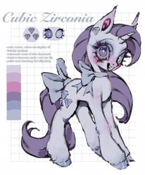Size: 1686x2048 | Tagged: safe, artist:p0nyplanet, oc, oc only, oc:cubic zirconia, mimic, pony, unicorn, g4, bow, color palette, heterochromia, knee blush, nose blush, not rarity, reference sheet, shiny hooves, shoulder blush, solo, tail, tail bow