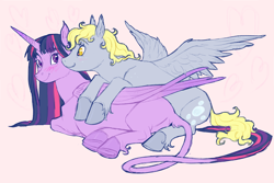 Size: 2048x1365 | Tagged: safe, artist:universalheart, derpy hooves, twilight sparkle, alicorn, pegasus, pony, g4, blush scribble, blushing, cloven hooves, cuddling, cute, derpabetes, duo, duo female, female, leonine tail, lesbian, lying down, mare, on side, pink background, prone, ship:twerpy, shipping, simple background, smiling, spread wings, tail, twiabetes, twilight sparkle (alicorn), underhoof, wings