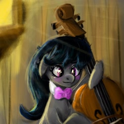 Size: 2048x2048 | Tagged: safe, artist:funnytrickytrixie, derpibooru exclusive, octavia melody, earth pony, pony, g4, bowtie, drawing, floppy ears, looking at something, playing instrument, solo