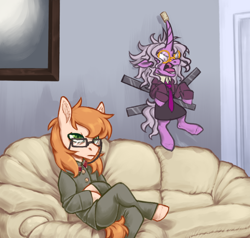 Size: 1000x950 | Tagged: safe, artist:mr.catfish, oc, oc only, oc:eleanor laimova, oc:vasily pantsushenko, earth pony, pony, unicorn, eaw redux, equestria at war mod, angry, clothes, couch, curly hair, curly mane, curly tail, door, ears back, female, frown, glasses, gray mane, green eyes, male, meme, military uniform, necktie, purple eyes, red mane, screaming, skirt, stalliongrad, tail, tape, taped to the wall, uniform