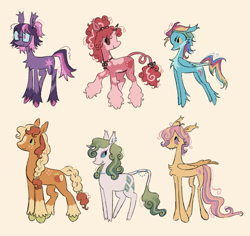 Size: 1699x1601 | Tagged: safe, artist:webkinzworldz, applejack, fluttershy, pinkie pie, rainbow dash, rarity, twilight sparkle, earth pony, pegasus, pony, unicorn, g4, alternate color palette, alternate design, alternate eye color, alternate hair color, alternate hairstyle, bow, braid, braided ponytail, braided tail, cloven hooves, coat markings, colored hooves, colored wings, colored wingtips, ear fluff, ear tufts, earth pony twilight, eyeshadow, fangs, female, fetlock tuft, glasses, group, hair bow, horn, horn jewelry, jewelry, leonine tail, makeup, mane six, mare, messy mane, messy tail, multicolored mane, multicolored tail, necklace, ponytail, race swap, redesign, sextet, simple background, smiling, socks (coat markings), splotches, standing, tail, tail bow, tail jewelry, tallershy, unicorn pinkie pie, unshorn fetlocks, wings, yellow background