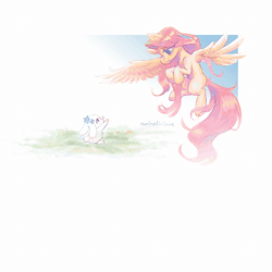 Size: 874x874 | Tagged: safe, artist:melonlicious, angel bunny, fluttershy, pegasus, pony, g4, animated, colored, cute, duo, female, flower, flying, gif, grass, mare, pink hair, process, reaching, simple background, white background, wings
