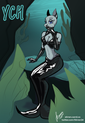 Size: 1640x2360 | Tagged: safe, artist:stirren, mermaid, anthro, algae, bra, breasts, clothes, commission, crepuscular rays, dorsal fin, fin, fins, fish tail, gloves, latex, latex bra, latex gloves, mermaid tail, ocean, pinup, seaweed, solo, sunlight, tail, underwater, underwear, water, your character here