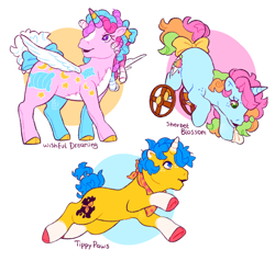 Size: 2048x1951 | Tagged: safe, artist:cocopudu, oc, oc only, oc:sherbet blossom, oc:tippy paws, oc:wishful dreaming, alicorn, pony, twinkle eyed pony, unicorn, g1, alicorn oc, amputee, bandana, blaze (coat marking), blue eyes, bow, circle background, cloven hooves, coat markings, colored eartips, colored hooves, colored horn, colored wings, facial markings, female, freckles, g1 oc, gradient mane, green eyes, hair bow, horn, leaping, looking down, male, mare, missing limb, multicolored horn, neckerchief, open mouth, pale belly, purple eyes, raised hoof, ringlets, shoulder freckles, simple background, socks (coat markings), spread wings, stallion, standing, stitched body, tail, tail bow, trio, turned head, wheel, wheelchair, white background, wings