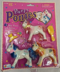 Size: 2111x2560 | Tagged: safe, earth pony, pony, bootleg, bow, brush, coat markings, colored hooves, confetti, hair bow, lanard, packaging, party ponies, photo, text, toy, trio, unshorn fetlocks