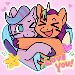 Size: 2048x2048 | Tagged: safe, artist:daisy_marshmallow, queen haven, sunny starscout, alicorn, pegasus, pony, g5, blushing, chibi, commission, duo, duo female, female, hug, lesbian, mane stripe sunny, race swap, ship:sunnyhaven, shipping, smiling, sunnycorn, text, xd, ych example, ych result, your character here