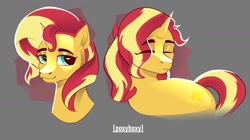 Size: 1845x1032 | Tagged: safe, artist:poxy_boxy, sunset shimmer, pony, unicorn, g4, bust, eye clipping through hair, eyes closed, female, gray background, mare, simple background, solo