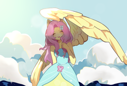 Size: 1024x691 | Tagged: safe, artist:bonyagreen1, fluttershy, human, equestria girls, g4, bare shoulders, clothes, cute, dress, eyes closed, fall formal outfits, female, large wings, open mouth, open smile, pretty, sleeveless, sleeveless dress, smiling, solo, strapless, wing umbrella, wings