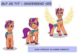 Size: 1024x697 | Tagged: safe, artist:zsnowfilez, sunny starscout, alicorn, earth pony, pony, g5, my little pony: tell your tale, artificial horn, artificial wings, augmented, horn, magic, magic horn, magic wings, male, race swap, rule 63, simple background, stallion, sun starchaser, sunnycorn, transparent background, wings