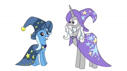 Size: 1280x720 | Tagged: safe, anonymous artist, star swirl the bearded, trixie, pony, unicorn, g4, cape, clothes, duo, hat, simple background, star swirl the bearded costume, trixie's cape, trixie's hat, white background