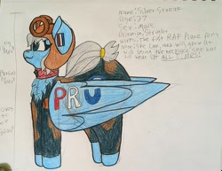 Size: 4255x3278 | Tagged: safe, artist:acid flask, oc, oc:silver streak, original species, plane pony, chest fluff, clothes, collar, ear piercing, earring, female, flight suit, gun, helmet, jewelry, large butt, large wings, mare, piercing, plane, reference sheet, short tail, smiling, suit, supermarine spitfire, tail, text, weapon, wings
