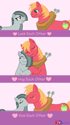 Size: 932x1660 | Tagged: safe, artist:jhock775, big macintosh, marble pie, earth pony, pony, g4, ^^, comic, cute, daaaaaaaaaaaw, duo, eyes closed, female, freckles, hug, kissing, looking at each other, looking at someone, male, marblebetes, mare, meme, pink background, ship:marblemac, shipping, simple background, smiling, smiling at each other, stallion, straight, when she smiles, wholesome