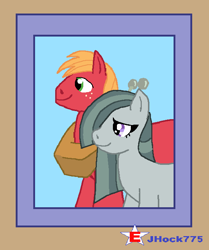 Size: 572x684 | Tagged: safe, artist:jhock775, big macintosh, marble pie, earth pony, pony, g4, clubhouse, crusaders clubhouse, duo, female, freckles, male, mare, photo, ship:marblemac, shipping, smiling, stallion, straight, wall