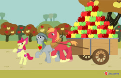 Size: 1280x826 | Tagged: safe, artist:jhock775, apple bloom, big macintosh, marble pie, earth pony, pony, g4, apple, apple bloom's bow, apple tree, bandana, bow, chores, female, filly, foal, food, freckles, hair bow, hauling, headcanon, headcanon in the description, looking at each other, looking at someone, male, mare, married couple, pulling, rock, sisters-in-law, smiling, smiling at each other, stallion, sweet apple acres, tree, trio, wagon