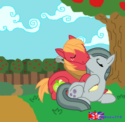 Size: 804x788 | Tagged: safe, artist:jhock775, big macintosh, marble pie, earth pony, pony, g4, apple, apple tree, cute, daaaaaaaaaaaw, duo, eyes closed, female, freckles, holding hooves, kiss on the lips, kissing, lying down, male, marblebetes, mare, ship:marblemac, shipping, stallion, straight, sweet apple acres, tree, wholesome