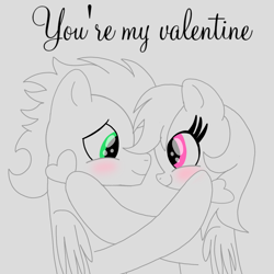 Size: 1400x1400 | Tagged: safe, artist:mrsdashskies, rainbow dash, soarin', pegasus, pony, g4, blushing, female, holiday, looking at each other, looking at someone, male, mare, ship:soarindash, shipping, sketch, smiling, smiling at each other, stallion, straight, valentine's day, valentine's day card