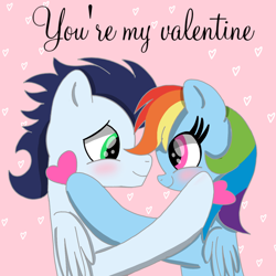 Size: 1400x1400 | Tagged: safe, artist:mrsdashskies, rainbow dash, soarin', pegasus, pony, g4, blushing, female, holiday, looking at each other, looking at someone, male, mare, ship:soarindash, shipping, smiling, smiling at each other, stallion, straight, valentine's day, valentine's day card