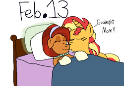 Size: 3568x2500 | Tagged: safe, artist:bigpurplemuppet99, stellar flare, sunset shimmer, g4, alternate universe, bed, cheek kiss, daughter, female, implied sunny siblings, kissing, mother, mother and child, mother and daughter, simple background, transparent background