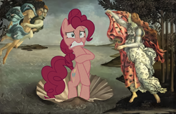 Size: 5356x3464 | Tagged: safe, artist:porygon2z, edit, editor:pizza split, pinkie pie, earth pony, g4, make new friends but keep discord, absurd resolution, art, bipedal, classic art, covering, embarrassed, female, fine art parody, male, meme, naked rarity, sandro botticelli, the birth of venus, venus, we don't normally wear clothes