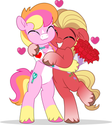 Size: 4451x5000 | Tagged: safe, artist:jhayarr23, sprout cloverleaf, oc, oc:malarkey, earth pony, pony, g5, bipedal, bouquet, commission, duo, flower, heart, holiday, hug, male, rose, shipping, simple background, stallion, transparent background, valentine's day, ych result