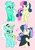 Size: 1431x2048 | Tagged: safe, artist:carouselunique, bon bon, lyra heartstrings, sweetie drops, earth pony, pony, unicorn, side stars au, g4, alternate universe, blind, cloak, clothes, duo, duo female, female, floating heart, heart, horn, implied starlight glimmer, implied sunburst, lesbian, lidded eyes, looking at each other, looking at someone, mare, messy mane, pink background, raised hoof, redesign, ship:lyrabon, shipping, simple background, tail