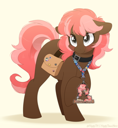 Size: 1350x1468 | Tagged: safe, artist:higglytownhero, oc, oc only, oc:scarlet trace (coffee bean), earth pony, pony, badge, bag, buttons, collar, con badge, female, floppy ears, freckles, lanyard, looking up, overwatch, raised hoof, saddle bag, simple background, solo, sonic the hedgehog, sonic the hedgehog (series)