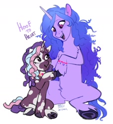 Size: 1696x1864 | Tagged: safe, artist:peachmichea, izzy moonbow, violette rainbow, pony, unicorn, g5, bracelet, cute, dreadlocks, duo, duo female, female, filly, foal, friendship bracelet, hoof heart, hoof to heart, horn, izzybetes, jewelry, mare, necklace, open mouth, open smile, raised hoof, simple background, sitting, smiling, tail, touching hooves, underhoof, unshorn fetlocks, upside-down hoof heart, vitiligo, white background