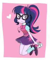 Size: 1945x2325 | Tagged: safe, artist:cheesesauce_45, sci-twi, twilight sparkle, human, equestria girls, equestria girls specials, g4, abstract background, blushing, box of chocolates, cute, female, geode of telekinesis, glasses, heart, hearts and hooves day, holiday, humanized, jewelry, looking at you, magical geodes, meganekko, necklace, paraskirt, passepartout, ponytail, sci-twi outfits, scrunchie, smiling, solo, valentine's day