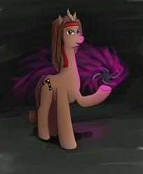 Size: 564x688 | Tagged: safe, artist:dustymooneye, oc, oc only, oc:tommy travelmane, earth pony, pony, feather, magic, magic aura, raised leg, solo