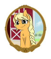 Size: 1200x1400 | Tagged: safe, artist:whiro153, applejack, earth pony, pony, g4, alternate hairstyle, braid, chest fluff, cute, frame, freckles, jackabetes, simple background, solo, transparent background