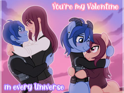 Size: 1920x1440 | Tagged: safe, artist:limedazzle, oc, oc only, oc:allen, oc:james, pony, equestria girls, g4, clothes, ear piercing, earring, gay, horns, jewelry, looking at each other, looking at someone, male, one eye closed, piercing, smiling, smiling at each other, stallion