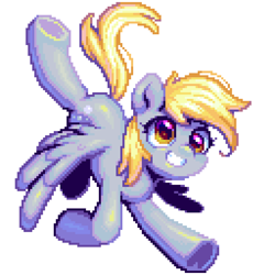 Size: 1024x1024 | Tagged: safe, artist:hikkage, derpy hooves, pegasus, pony, g4, blonde, cute, flying, grin, happy, pixel art, simple background, smiling, solo, white background