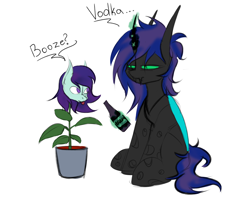 Size: 2362x2007 | Tagged: safe, artist:ashel_aras, oc, oc only, oc:ashel, changeling, pony, alcohol, booze, changeling oc, ficus, plants, simple background, sketch, text, white background