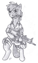 Size: 600x985 | Tagged: safe, artist:dombrus, semi-anthro, cigar, clothes, gun, looking at you, monochrome, solo, stallion oc, traditional art, weapon